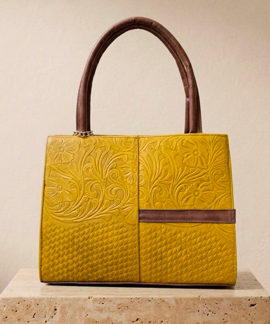 Mustard Tooled Leather Handbag