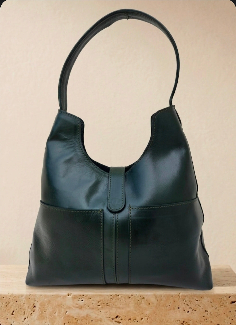 Dark Green Leather Hobo Shoulder Bag