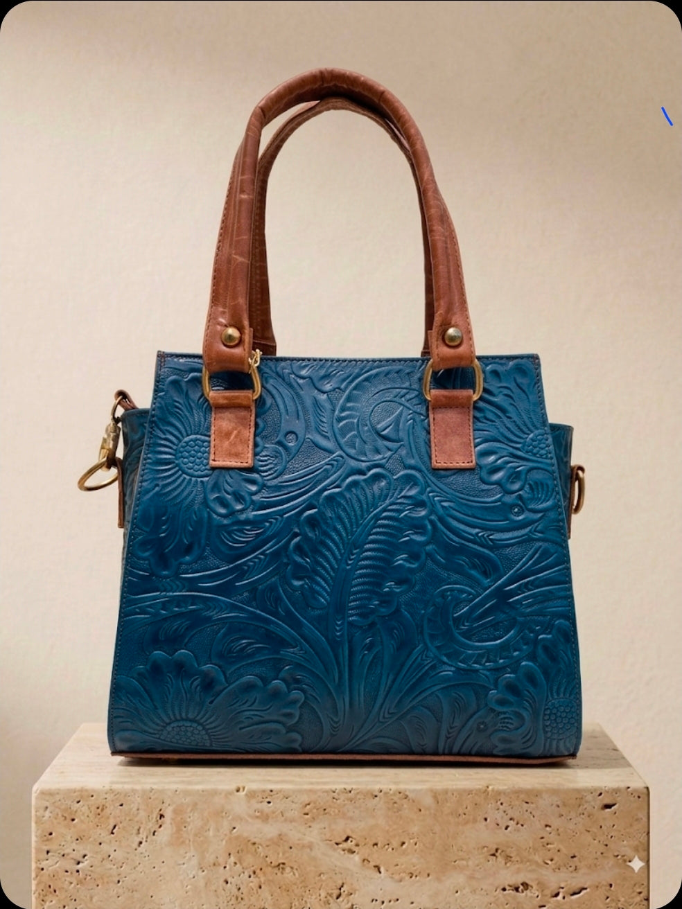 Teal Hand-Tooled Leather Handbag